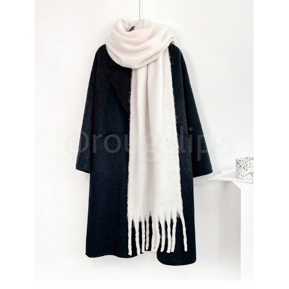 White Wide Shawl Scarf With Tassels Fuzzy Knit - Picture 11 of 17